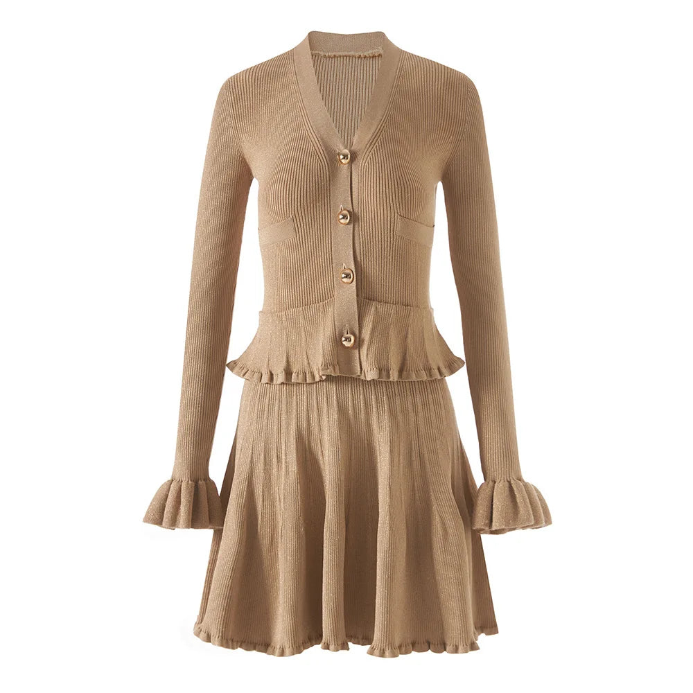 Elegant Knitted Dress Women Long Sleeve V-Neck Ruffles Single Breasted Dresses Party Fashion Office Lady Vestidos