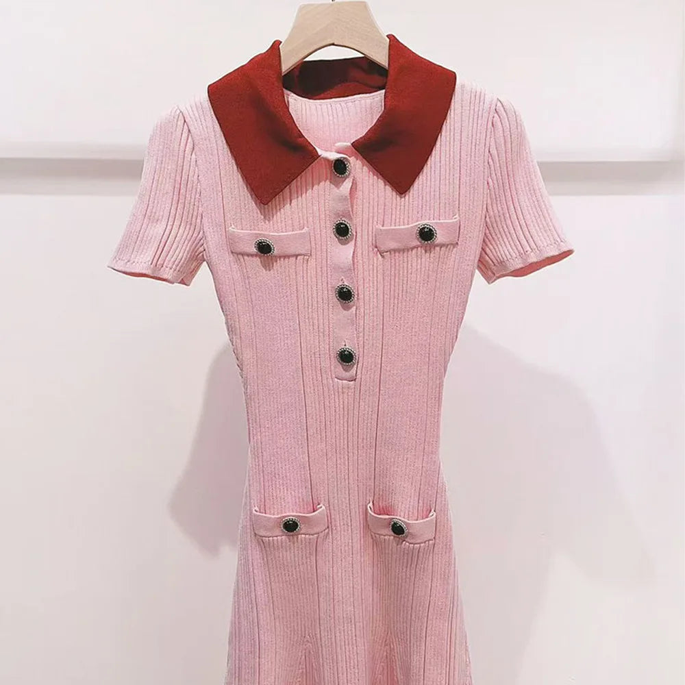 Woman 2025 Summer New Fashionable Casual Solid Color Commuter Button Collar Short Sleeve Knitted Short A-Line Dress Female