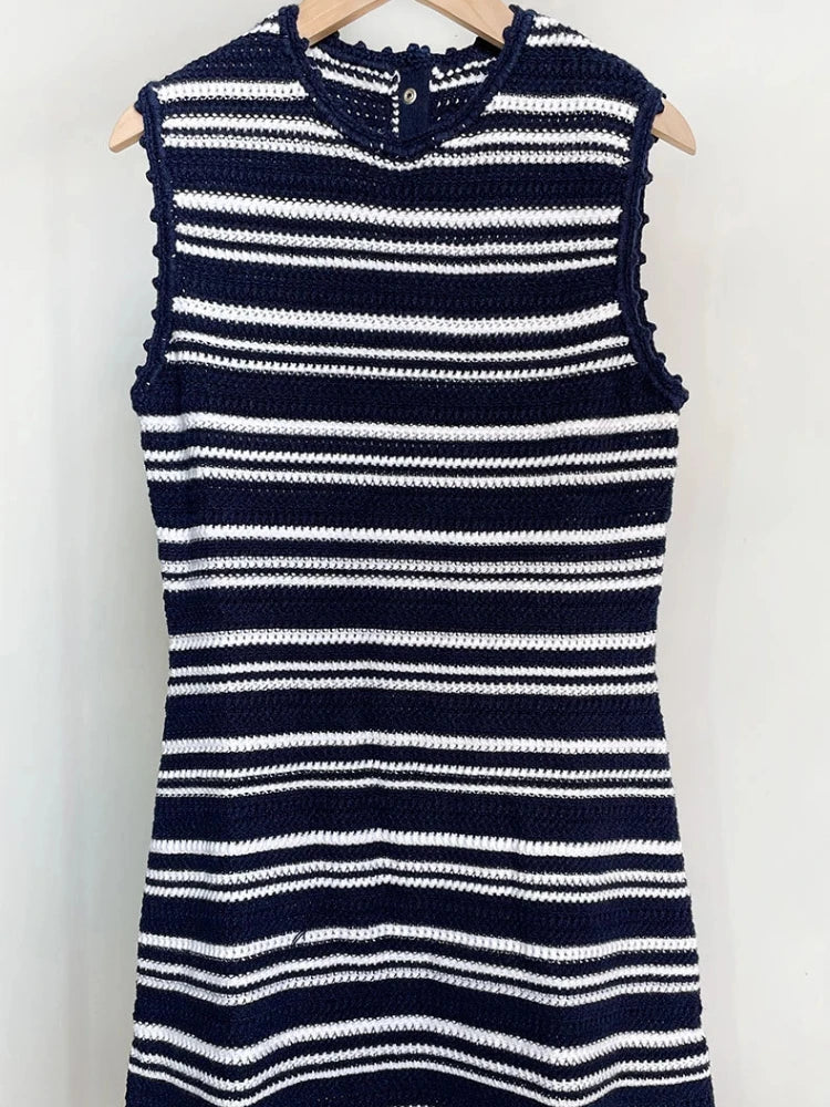 Women Sexy Knitted Dress Woman Dresses Colorblock High Waist A-Line O-Neck Sleeveless Patchwork Color Stripes Vestidos Hot