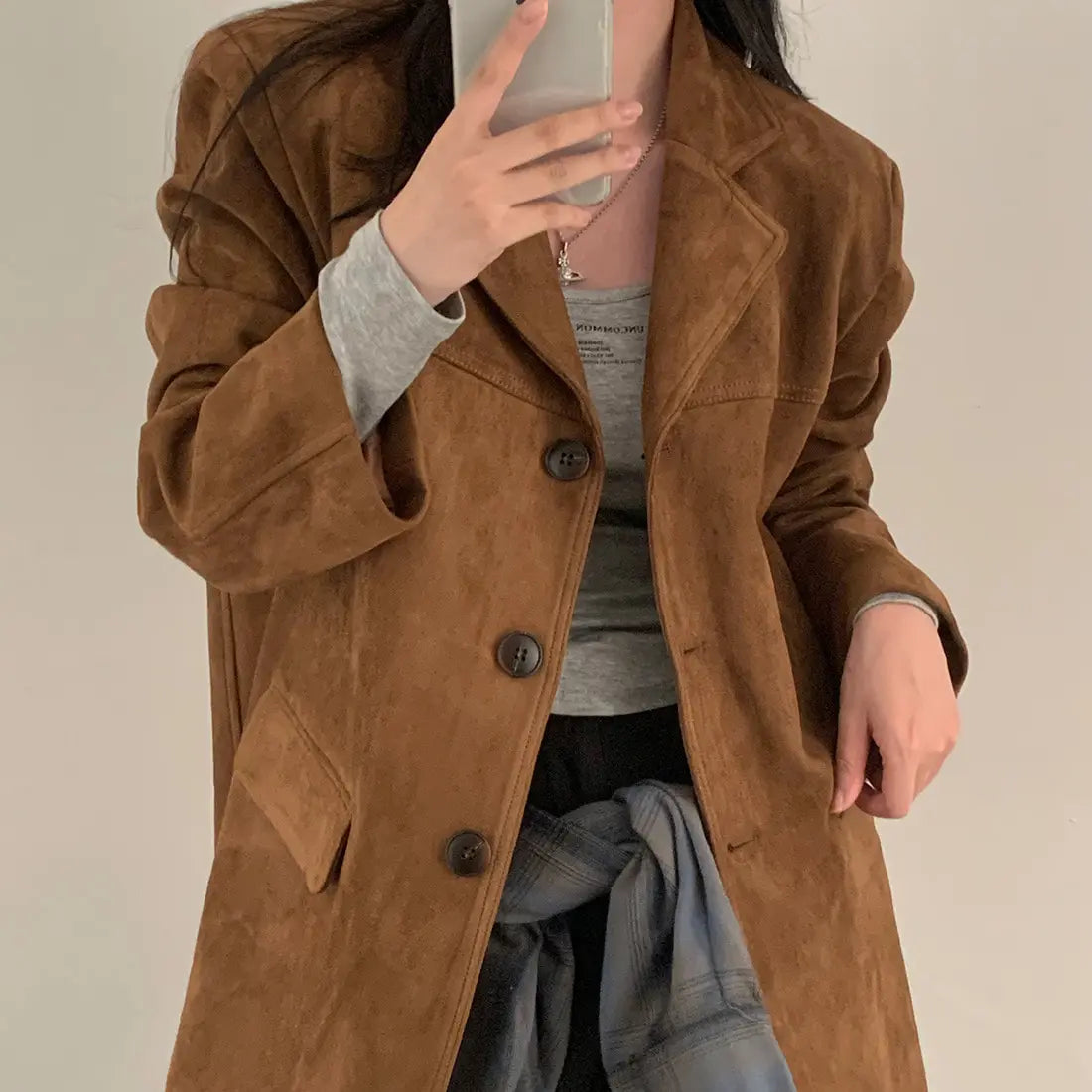 Woman Winter Turn-Down Collar Coat Solid Color Pockets Loose Single-Breasted Jacket Streetwear Outerwear Female Cardigan Top