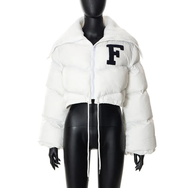 Turn-down Collar Jacket Women Letter Embroidery Long Sleeve Short Down Coat Drawstring Fashion Streetwear Overcoat New