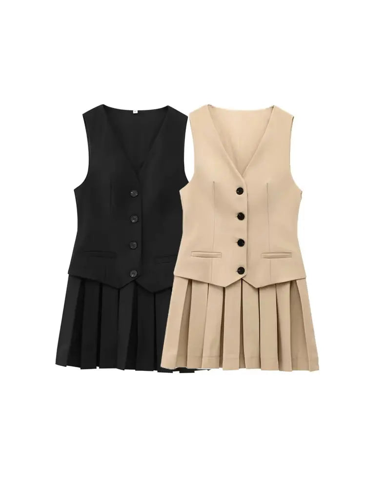 TRZA Women's V-Neck Sleeveless Pleated Mini Dress Fashion Front Button Female Vestidos Mujer