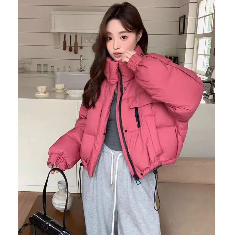 Autumn 2025 Women Solid Zipper Loose Cotton Coat Stand Collar Jacket Casual Winter Thicken Warm Cotton-padded Jacket Female