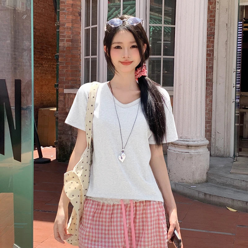 Cotton Loose Short Sleeve Shoulder T-Shirt Women Summer Casual Basic Tops Lazy Peplum