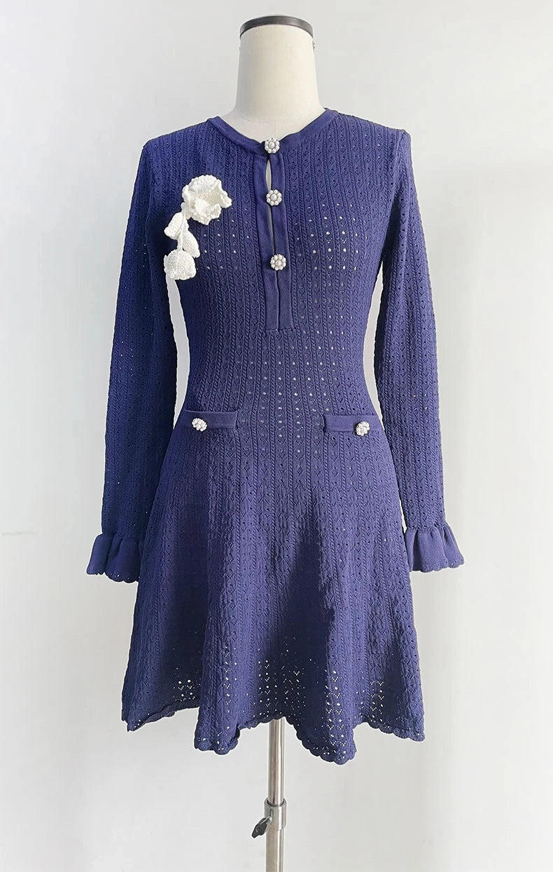 New Summer Women's Hook Flower Hollow Knitting Dress Sweaters 2025 Elegant O Neck Solid Short Sleeved Party Casual Dresses