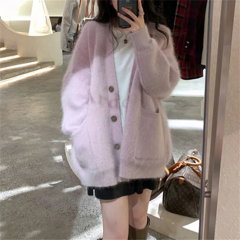 Cardigan Women 2025 Winter Solid Color Knitted Sweater Mid-length Loose PocketJacket Knitwears Oversized Sweater Knit Coat