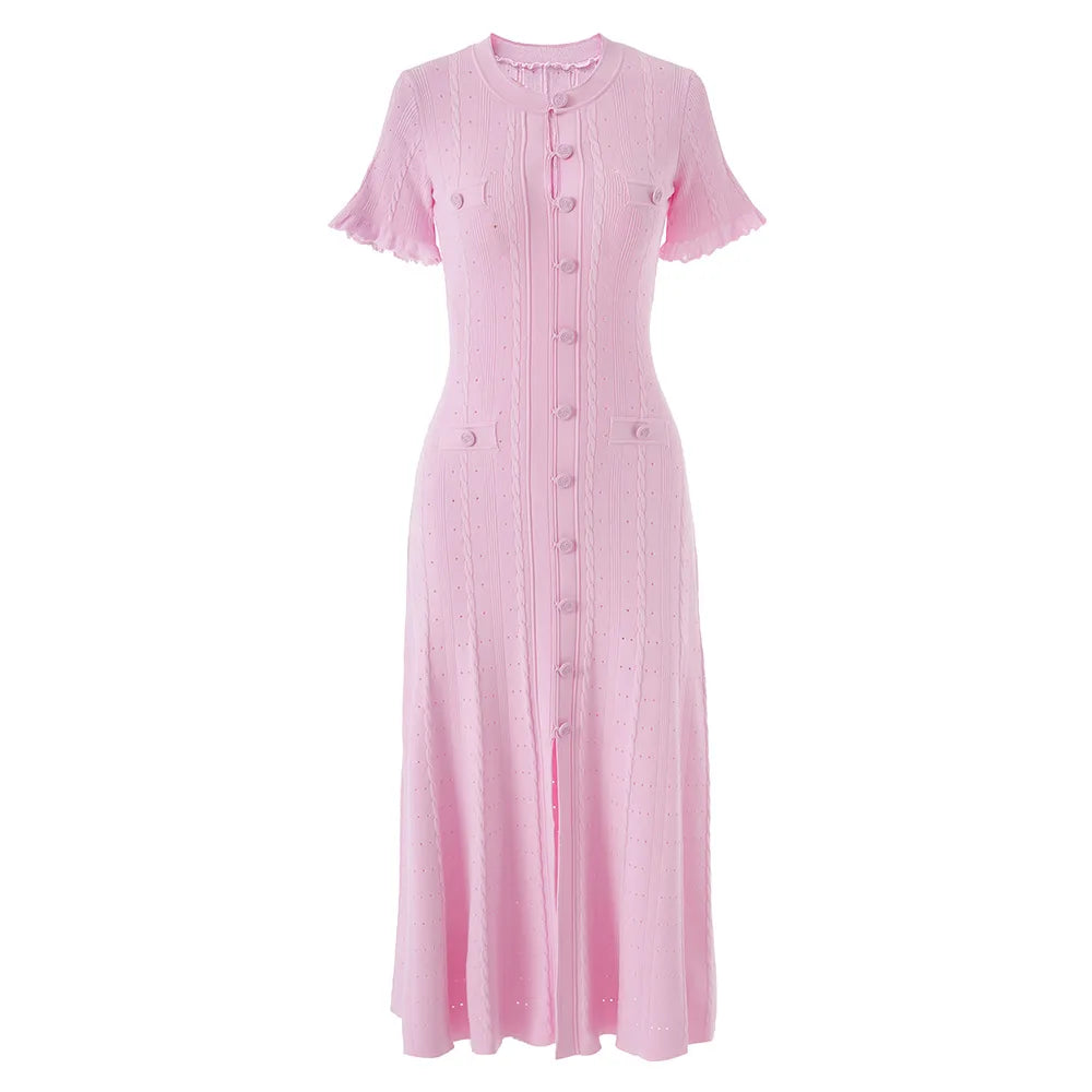 Summer Solid Elegant O-Neck Short Sleeved Hollow Out Office Lady Knitted Dress Women Korean Long Dresses Fashion Trend