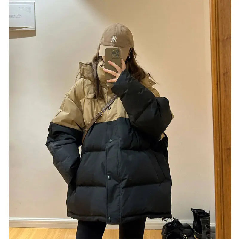 Women's Fashion Trend Cotton-padded Clothes Down Jacket Autumn Winter Contrasting Color Splicing Bread Thick Overcoat Female