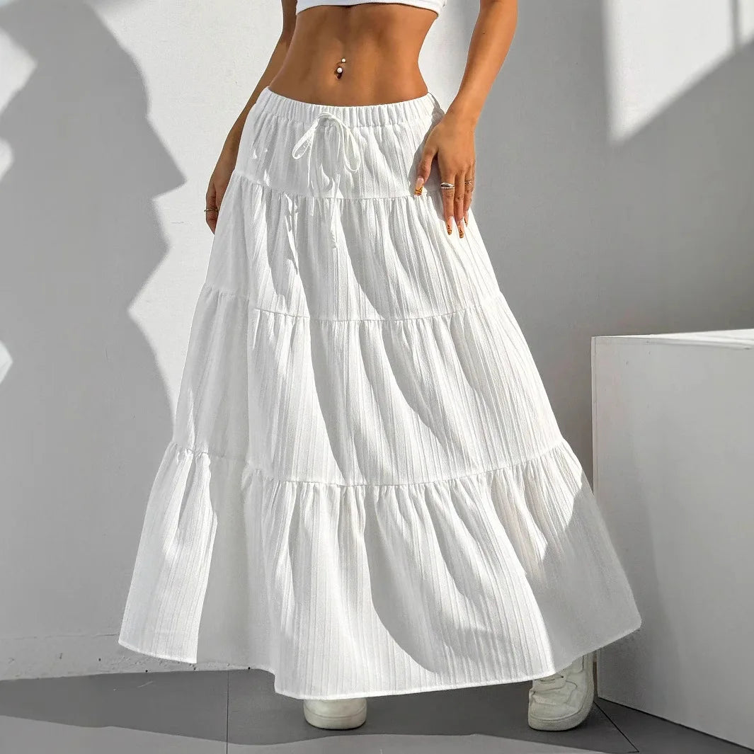 Fashion Women Loose Long Skirts White Solid Basic Lace Up Bow 2025 Spring Summer Cake Dress Casual Sweet Office Lady Clothes