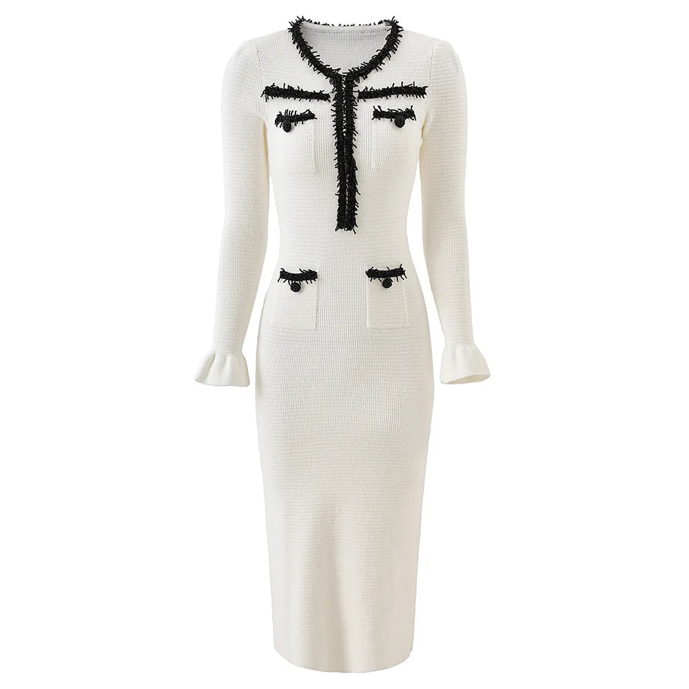 Luxury Knitting Sweater Dress For Women 2025 Autumn Long Sleeve Pearls Knittwear Temperament Party Dresses Evening Female