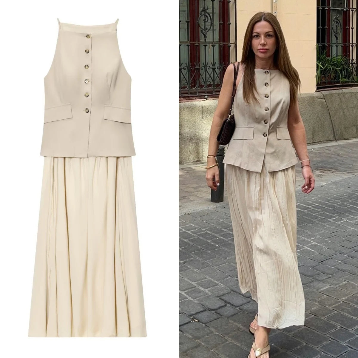 UNIZERA 2025 Summer New Arrivals Women's Wear Single-Breasted Small Pleated Skirt Midi Vest Splicing Dress