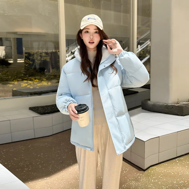 2025 Winter Clothing New Down Cotton Jacket Temperament Stand Collar Breadcoat Coat Loose Short Style New Trendy Style