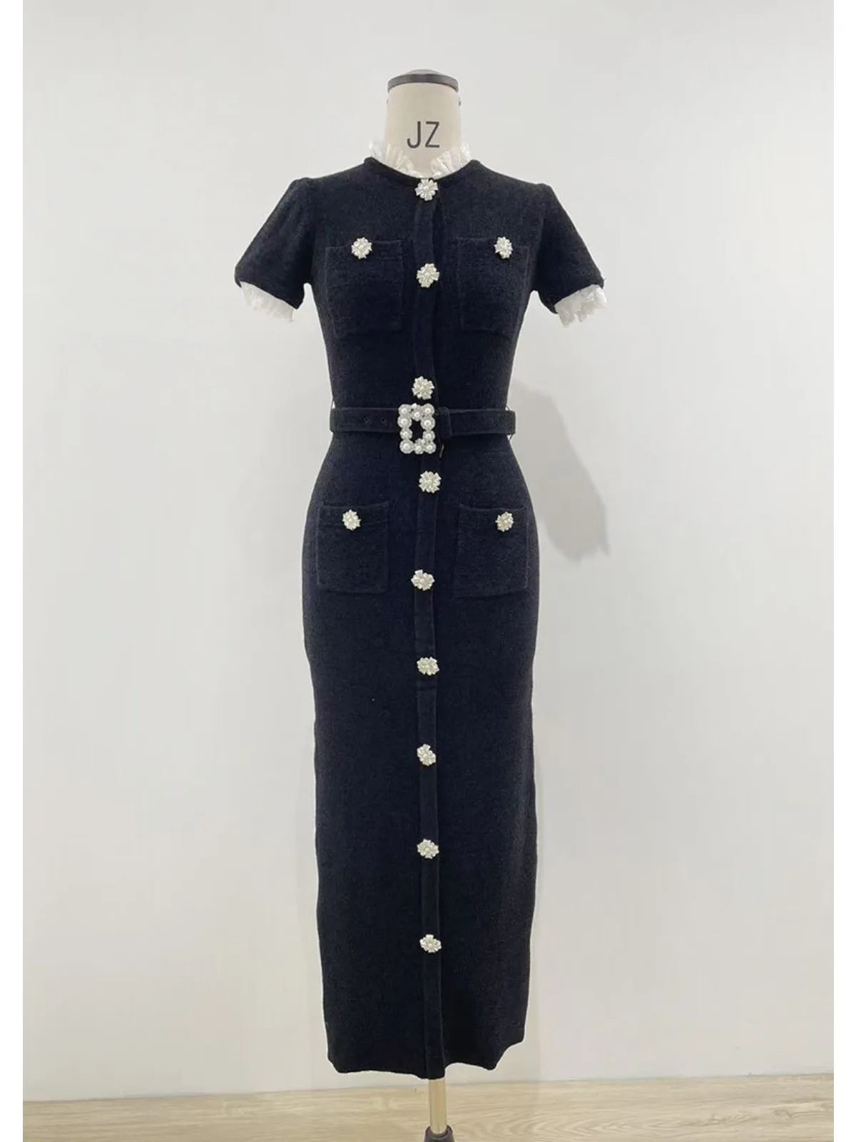 Black Lace Spliced Women Velvet Dress Diamond Decoration Belt Waist Cinched Short Sleeved Lady Single Breasted Midi Robe