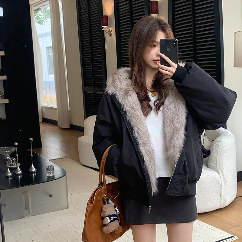 Fur Collar Hooded Parkas Women Basic Pockets Zipper Up Cotton Jackets Woman Long Sleeve Loose Casual Warm Coats Female Winter