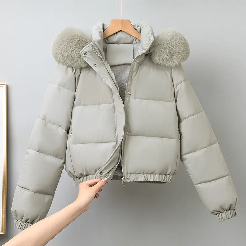 Women Winter Fur Collar Hooded Parka Fashion Patch Zipper Pockets Design Jackets Elegant Slim Warm Thick Female Outerwear