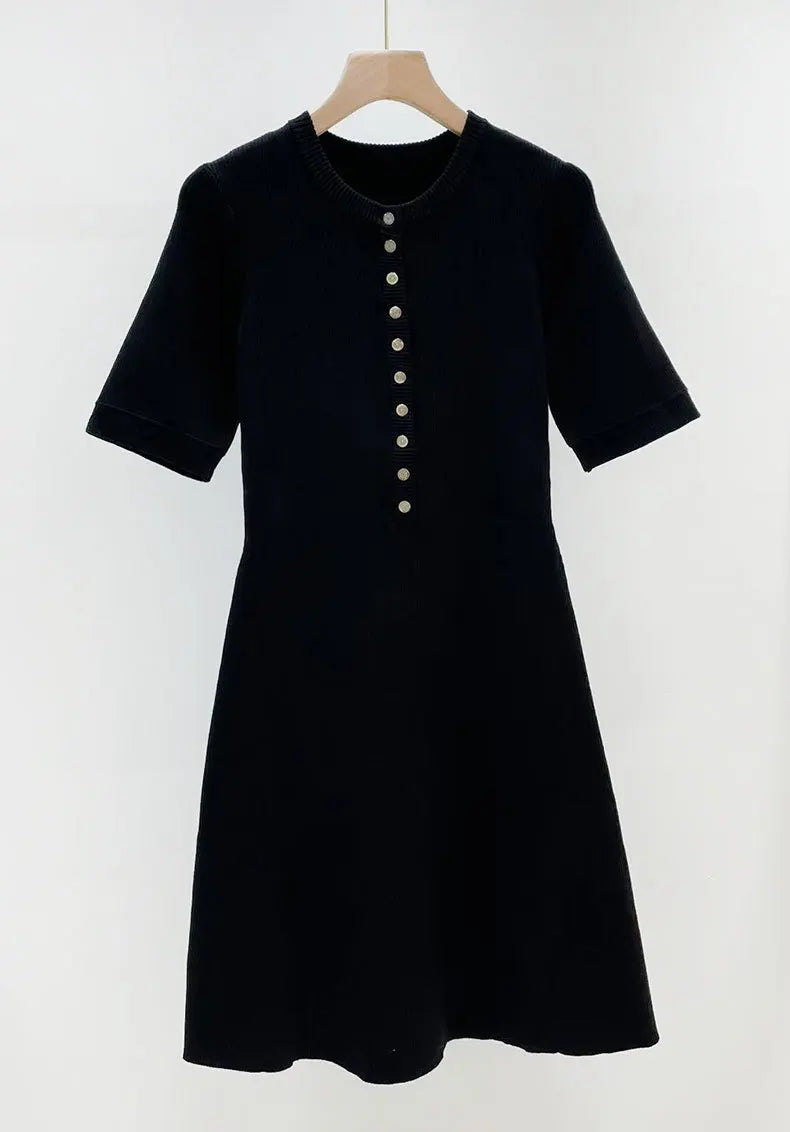 Women's 2025 Summer Short-sleeved Knitted Dress Fashion Single-breasted Decorative Slim Fit Elegant Party A-Line Dresses