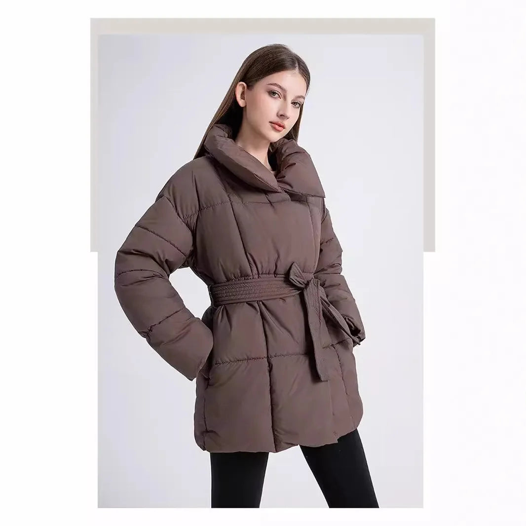 2025 Women Winter Jackets with Belt Fashion Casual Warm Thick Turn Down Collar Parkas Coat Female Outwear Parkas Style