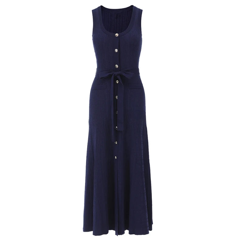 Women High Quality French Style O-Neck Sleeveless Knitted Dress Sexy Slim Elegant Long Dresses Summer Fashion Female Clothing
