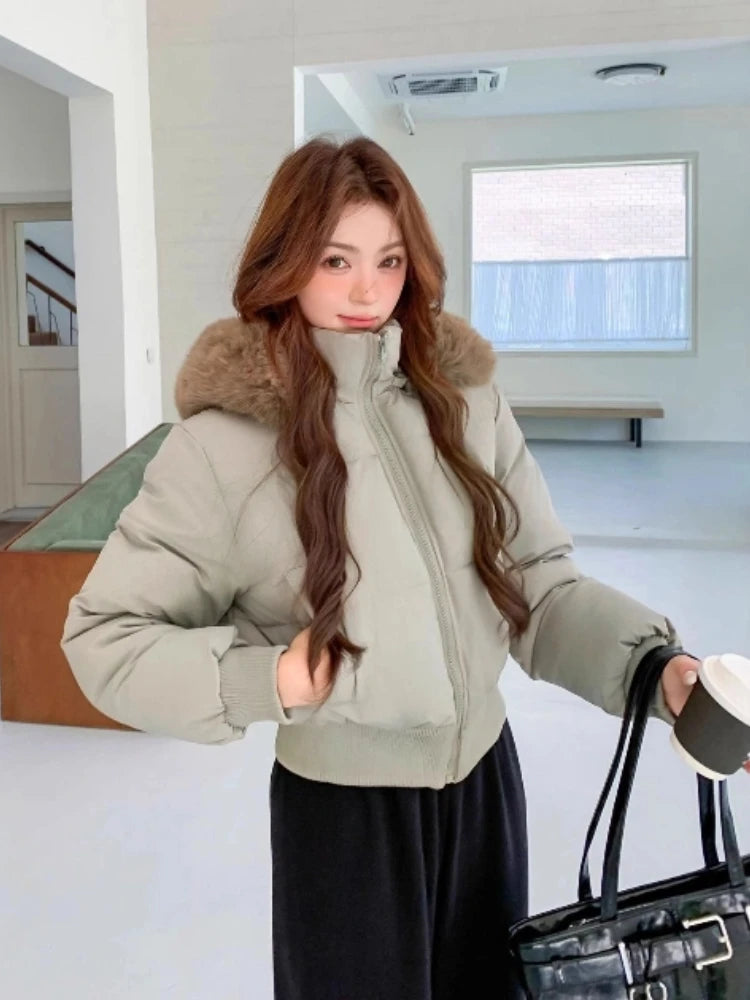 European American Woman 2025 New Fashion PU Leather Down Cotton Jacket Female Short Winter Thickened Bread Jacket Coat