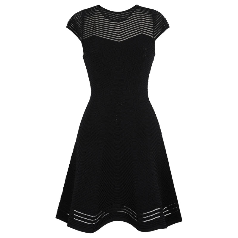 New Summer Women's Hollow Out Knitting Dress Sweaters 2025 Elegant O Neck Solid Black Short Sleeved Party Casual Dresses