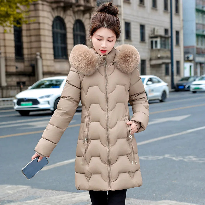 Women's Winter New Padded Jackets Mid-length Fashionable Hooded Large Fur Collar Loose Thick Down Cotton Outerwear Ladies