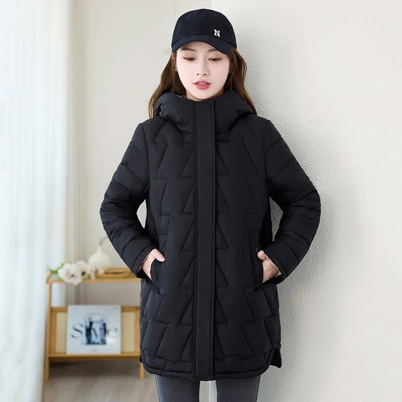 Women's Autumn and Winter Cotton-Padded Jacket Slim Warm Cotton Hooded Parka Loose Casual Mid-length Women's Thick Coat Coat