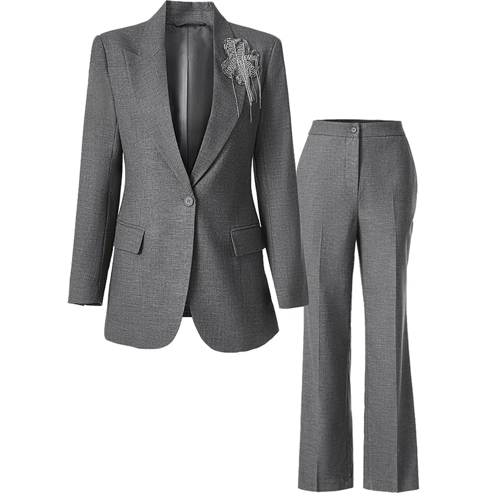 Trendy Suit Set Korean Style Three-dimensional Decoration Cardigan Jacket Outerwear with Pants Elegant Quality Women's