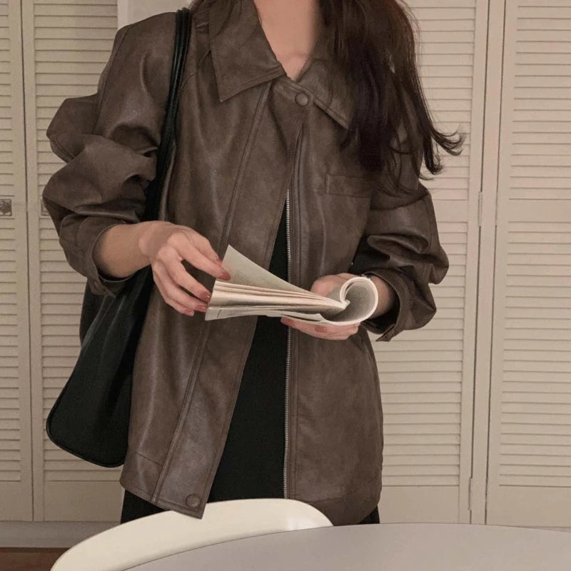Women Slim Fit Faux Leather Jacket Long Sleeve Zipper Fitted Coat Autumn 2025 Classic Motorcycle Temperament Jackets Female