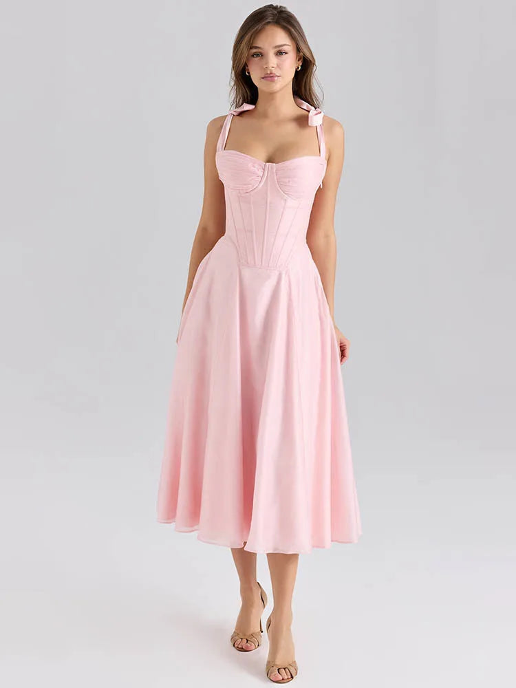 Corset Tie Strap Midi Dress Women Summer Fashion A-line Sleeveless Backless Sexy Robes Lady Elegant Club Party Long Dress 2025