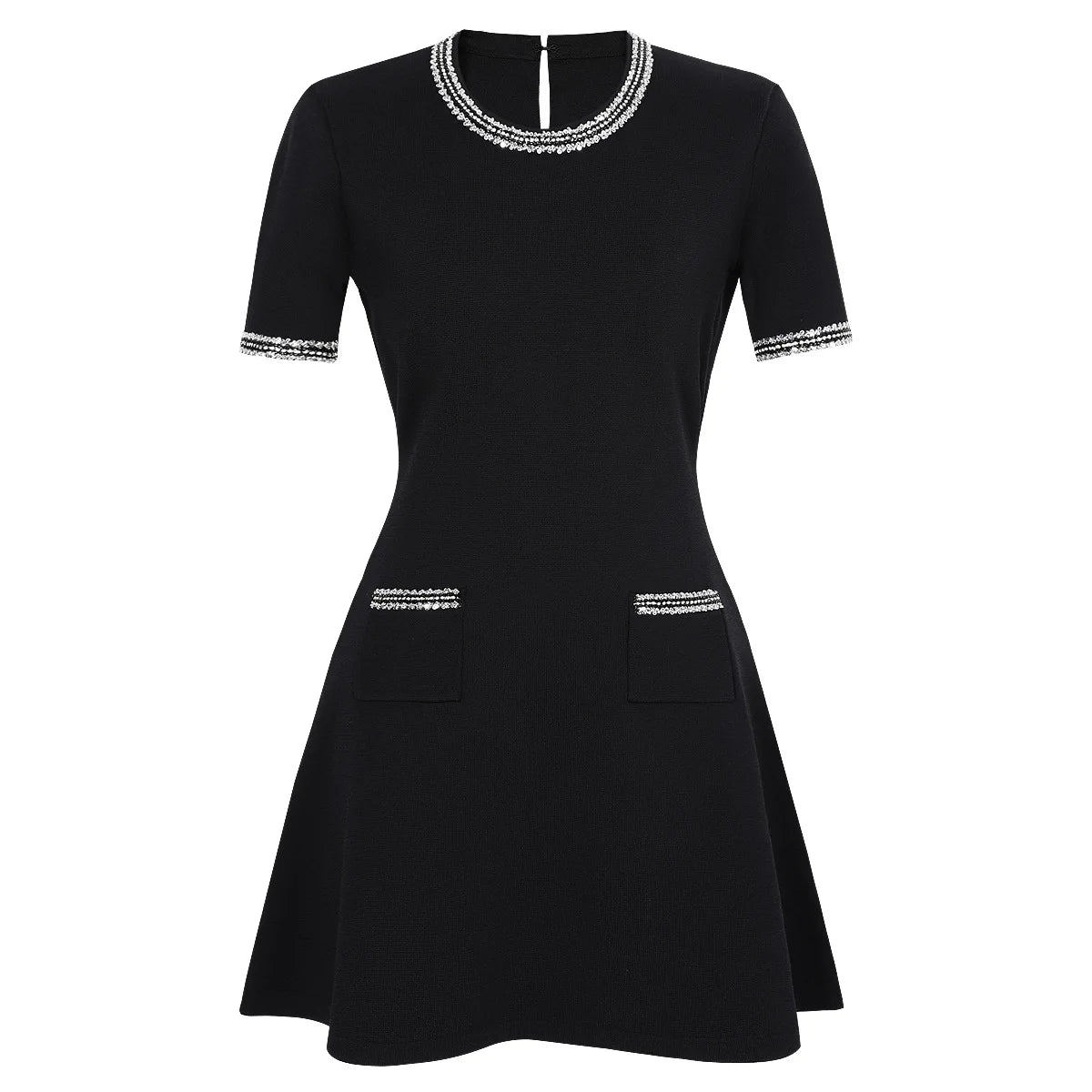 Luxury Diamond Beading Prom Dress For Women Summer New Office Lady Round Neck Short-Sleeve Slim A-Line Party Knit Dresses