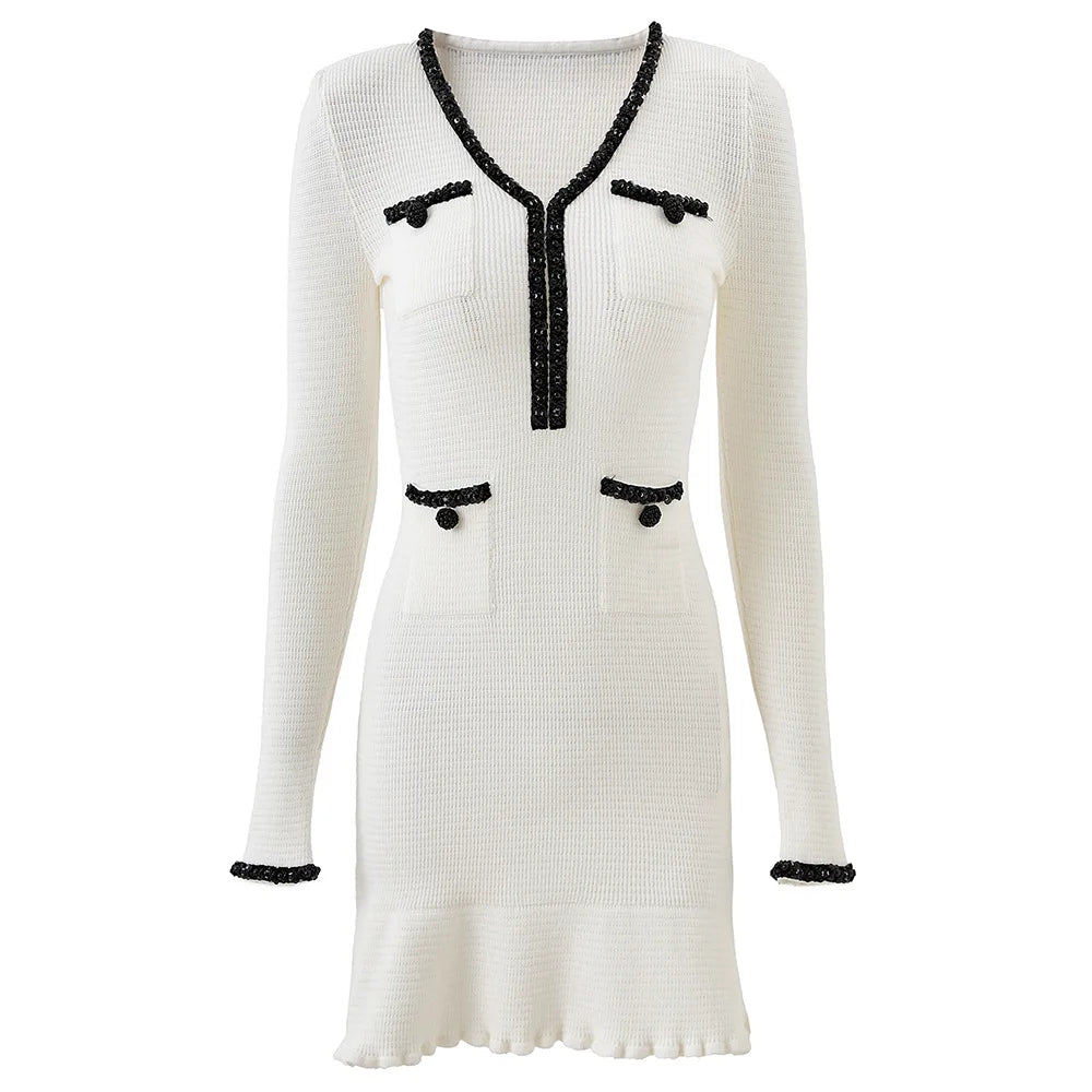 2025 Spring And Autumn New Fashionable Commuter Women's Knitted V-Neck Temperament Heavy Duty Nail Bead Long Sleeve Dress Female