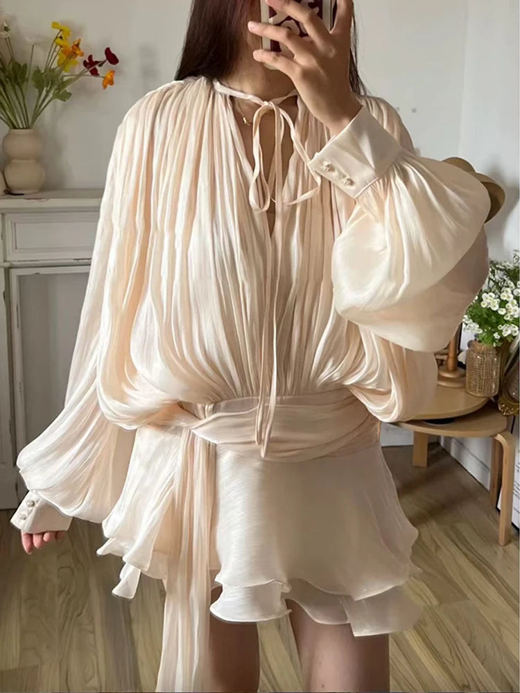 Vintage Puff Sleeve Ruffles Mini Dress Women Elegant Chic Lace Up O Neck High Waist Party Dresses 2025 Female Clothes Fashion