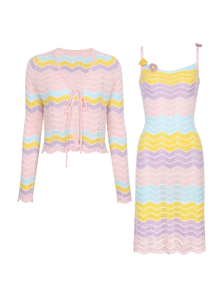 Summer Autumn French Style Knit Suit Long Sleeve Cardigan Sleeveless Dress Slim Fit Premium Quality 2-piece Set Outfit