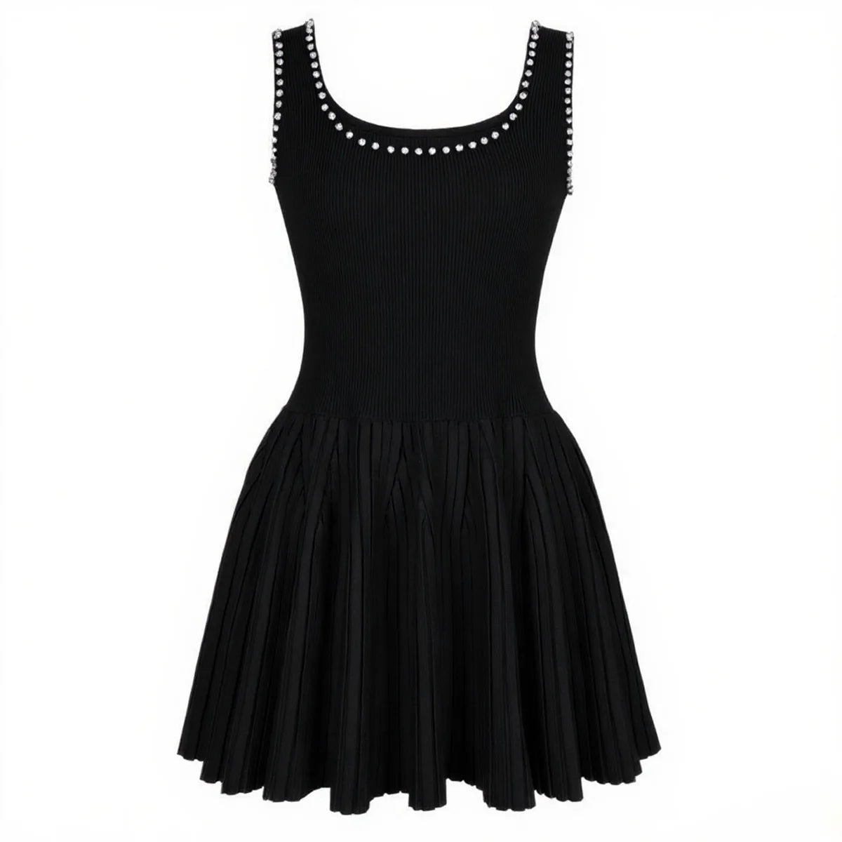 2025 Summer Sexy Square Neck Diamonds Decoration Pleats Dress Fashion Sleeveless Casual High Waist Women Short Dresses