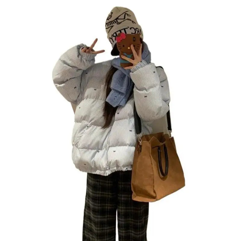 Loose Stand Collar Striped Cotton-padded Jacket Women's New Fashion Winter Thick Bow Warm Bread Jackets Female Clothes
