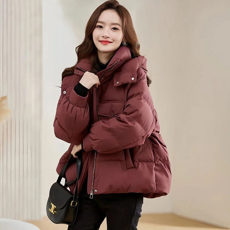 Winter 2025 Women's Solid Thickened Warm Hooded Down Cotton Jacket Solid Color High Quality Fashion Slim Short Bread Style