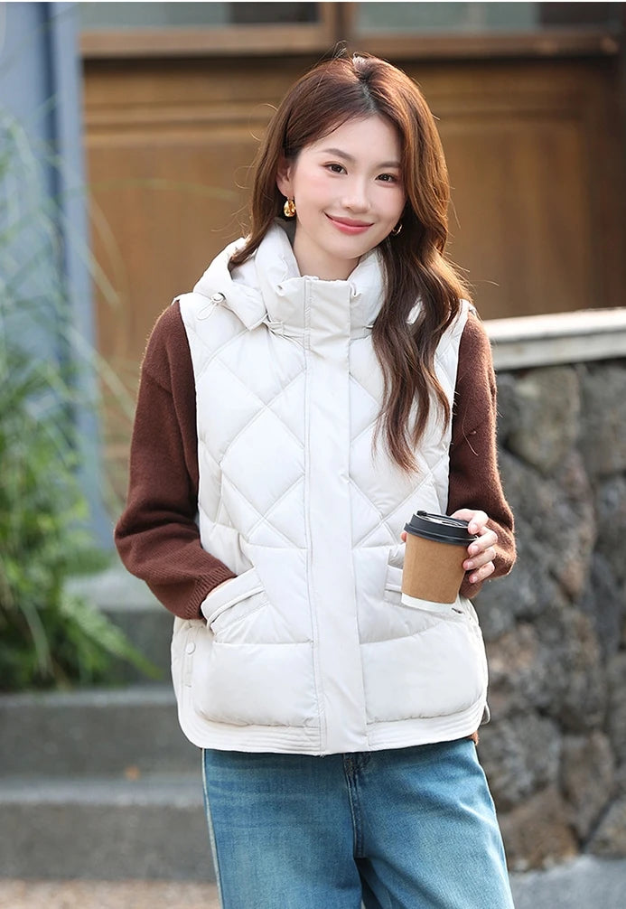 New Autumn Casual Loose Down Cotton Vests Women Stand Collar Short Sleeveless Coats Solid Zipper Waistcoat Winter Warm Vest