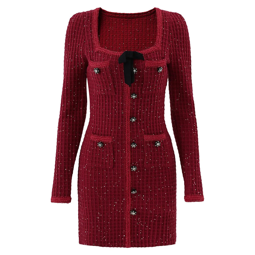 Vintage Mini Dress Women Elegant Black Bow Square Collar Dresses Winter Korean Long Sleeve Bodycon A Line Vestidos New