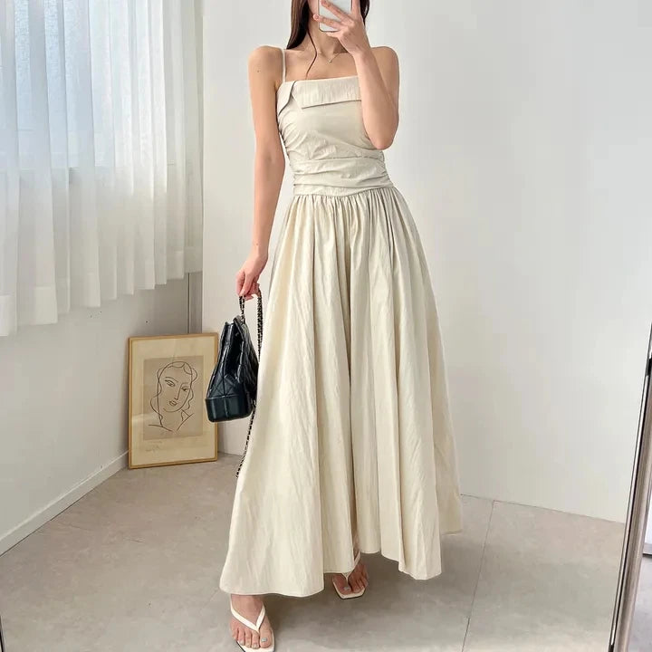 Chic Summer Gauzy Pleated Square Collar Split Vest Strap Dr A-Line Dr Commute High Waist Bell Bot Skirt Single Piece