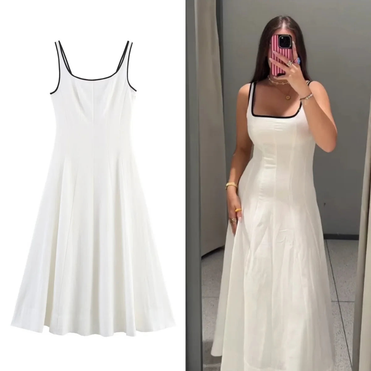 UNIZERA Contrast Edge Midi Dress 2025 Summer New Arrivals Women's Casual Loose Suspender Dress
