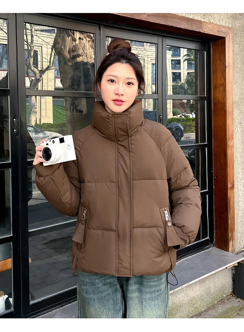 Woman Cotton-Padded Jackets Winter Parkas Large Size Harajuku Stand Collar Hooded Keep Warm Zipper Office Lady Down Jacket