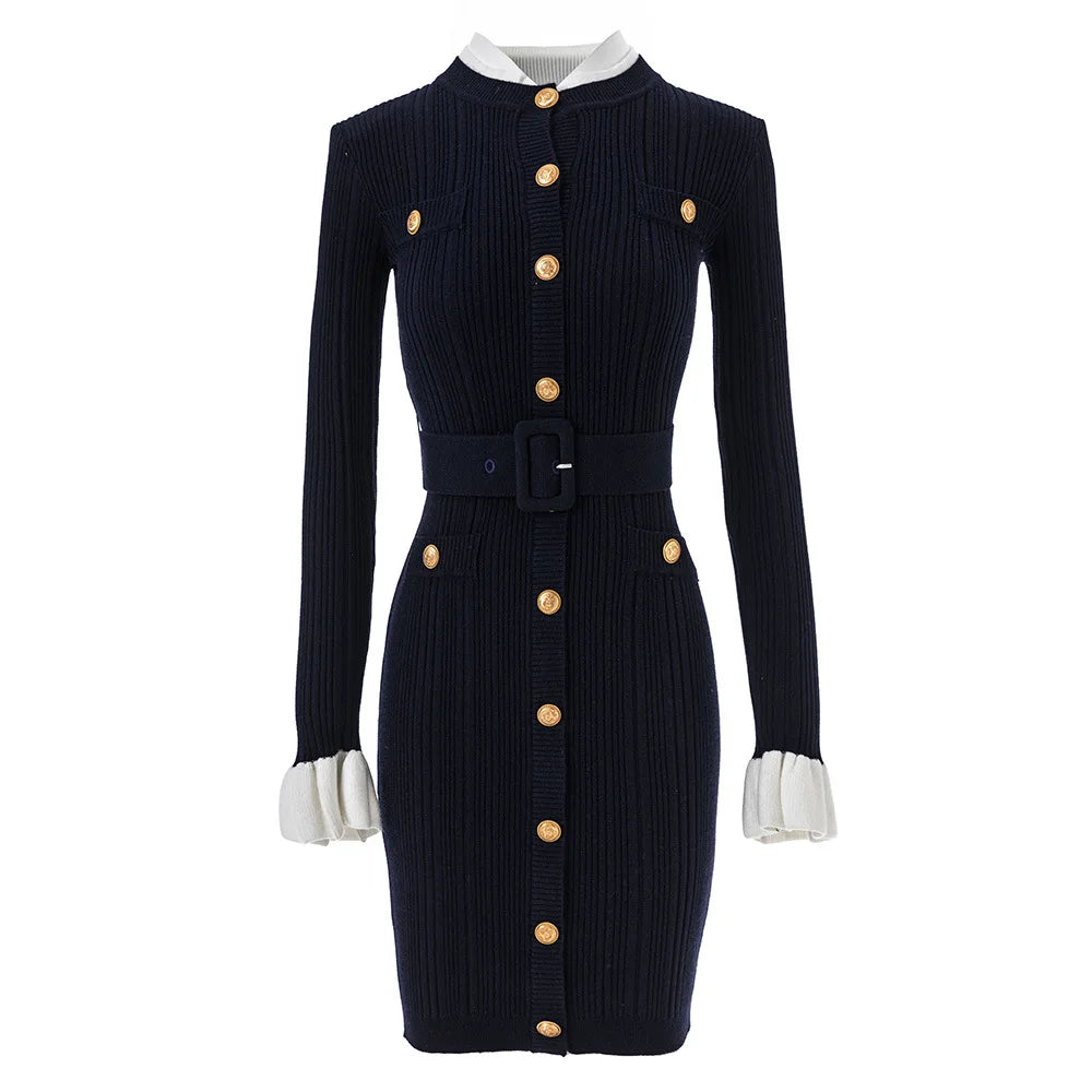 Women Solid Knitted Single Breasted Belt O-Neck Short Dresses Autumn Elegant 2025 Korean Chic Long Sleeve Party Vestidos