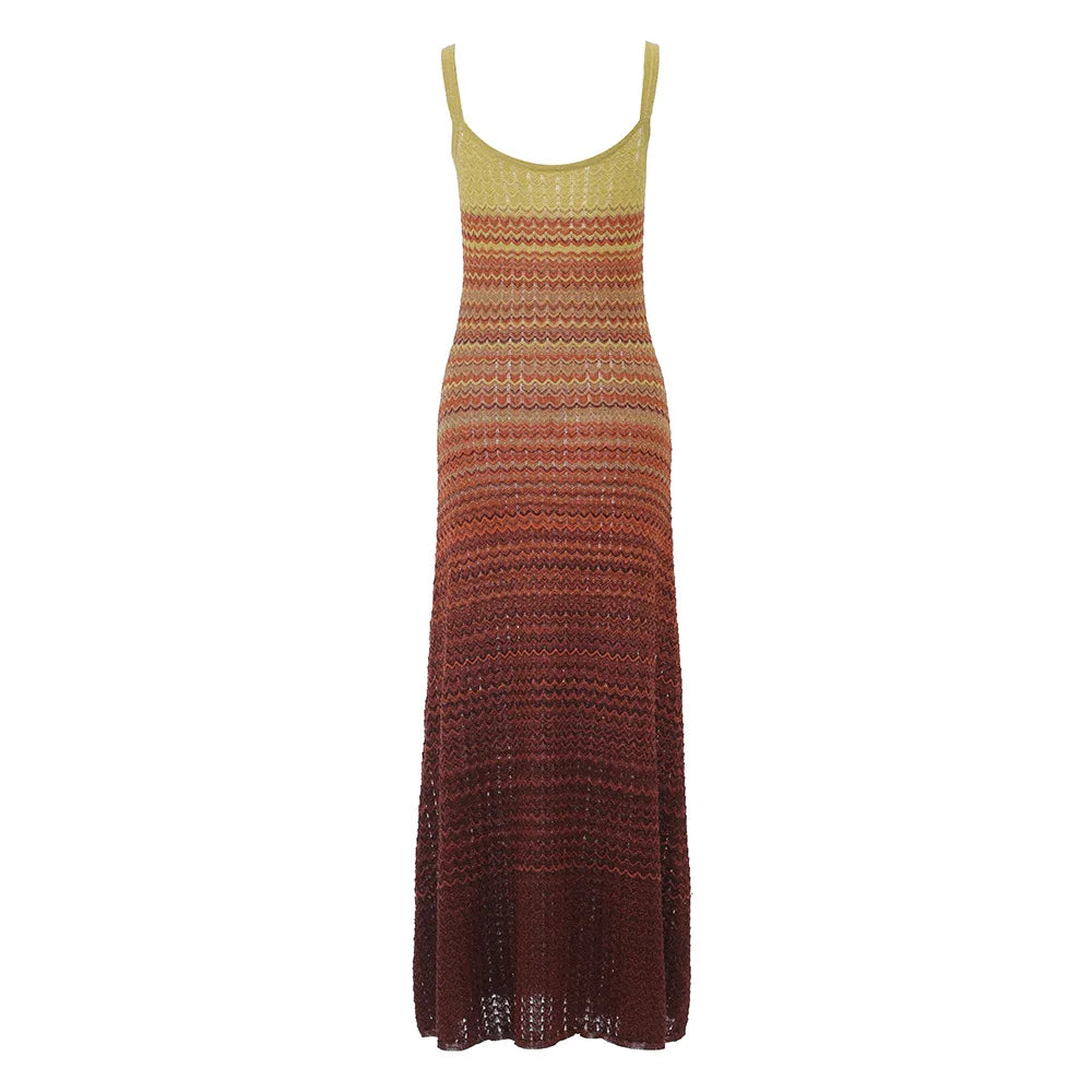Summer Gradient Color Round Neck Sleeveless Office Lady Knitted Dress Women Korean Hook Flower Hollow Long Dress Fashion Trend