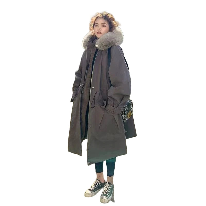 Women Winter 2025 New Cotton Padded Jacket Plush Thickened Padded Long Parka Vintage Korean Jacket Faux Fur Hooded Jackets