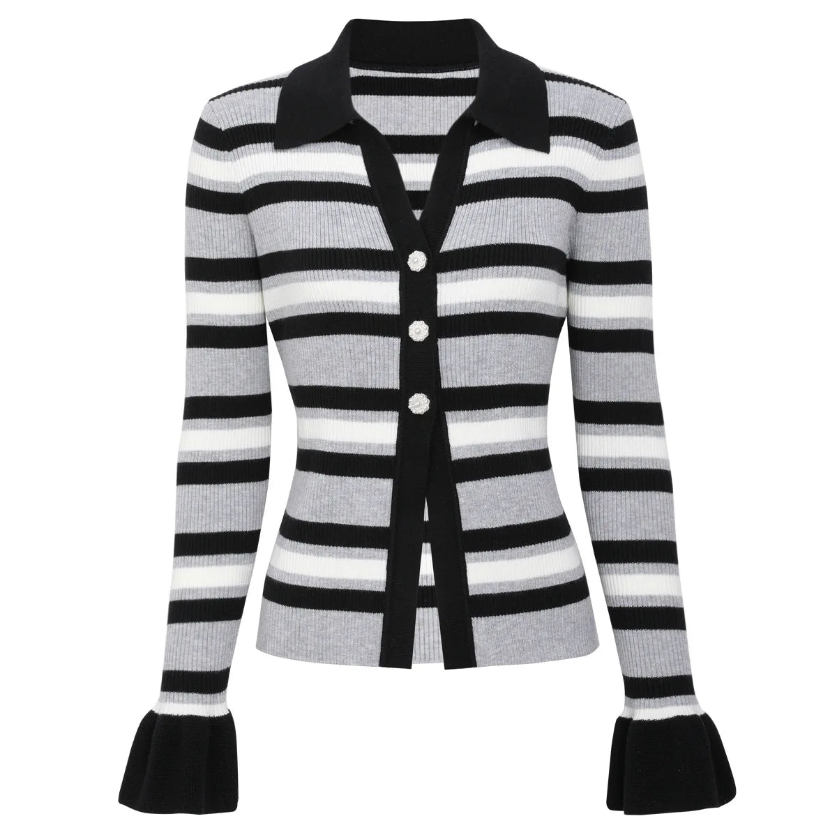 Autumn 2025 Turn-Down Collar Knitted Stripe Cardigans Women Long Sleeve Casual Single Breasted Knitting Sweater Tops Female