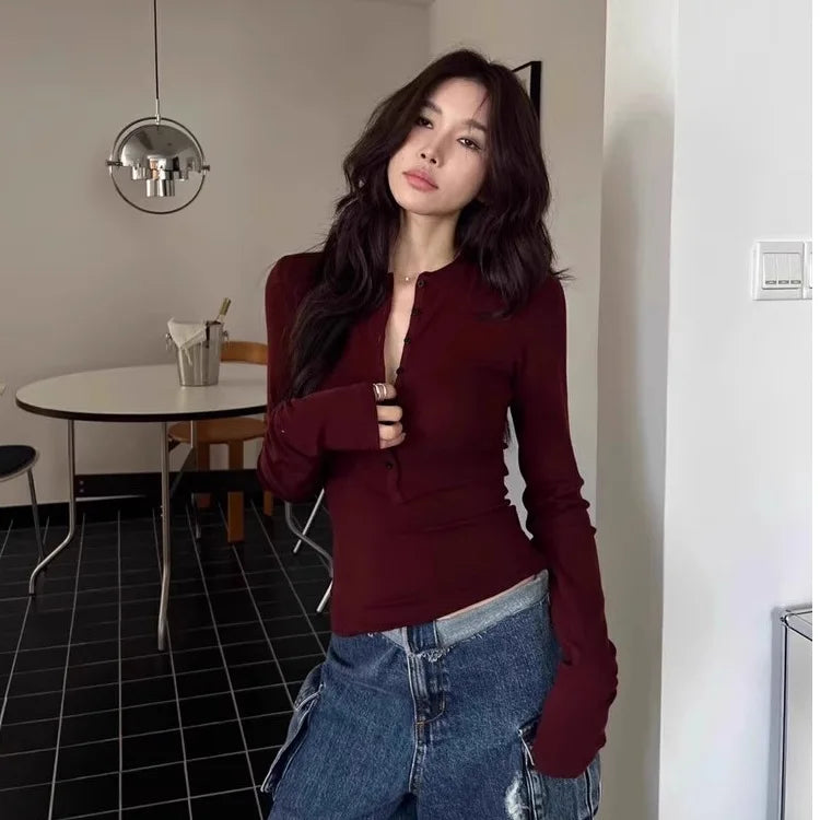 American Hot Girl Half-open Collar T-shirt for Women's Inner Bottom Shirt V-neck Long-sleeved Top Trendy