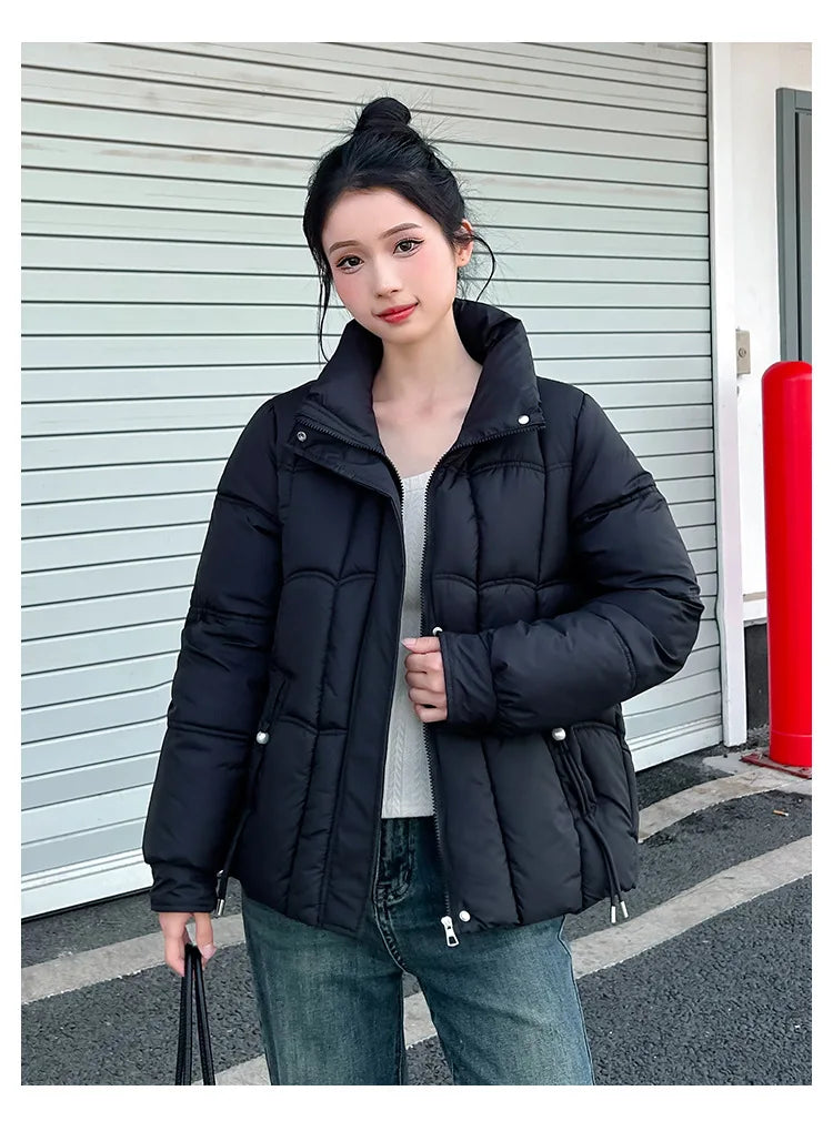 Women Thickened Stand Collar Cotton-padded Jacket Casual Zipper Pocket Casual Down Coat Winter Warm Loose Short Coats Autumn