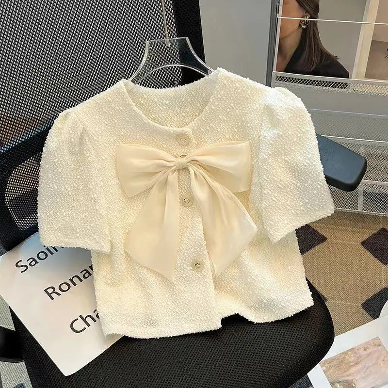 Women Clothes Summer Fashion Simplicity Elegant Buttons Solid Color O-neck Ladies All-match Temperament Bow Puff Sleeve Short Sl